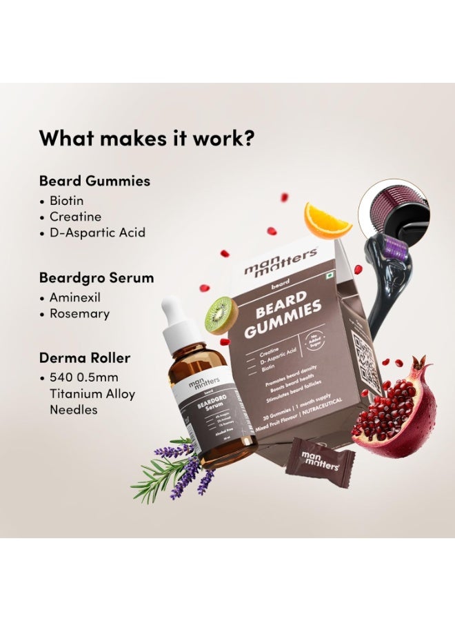 مان ماترز مجموعة مان ماترز المتكاملة لنمو اللحية، تحتوي على سيروم اللحية 30 مل، وحبوب مضغ لنمو اللحية، وبكرة ديرما متطورة | مع 4% أناجين، 1% إكليل الجبل، وبيوتين | لنمو اللحية وتغذيتها | خالية من كبريتات لوريل الصوديوم ونباتية 100%. - Image 4